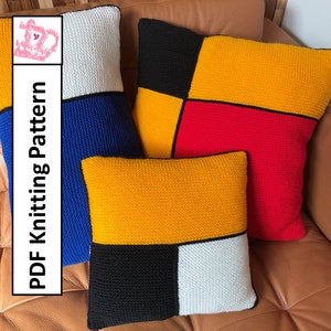 Mondrian inspired pillow cover knitting pattern, PDF Knitting Pattern - colourful, geometric pillow in 3 sizes