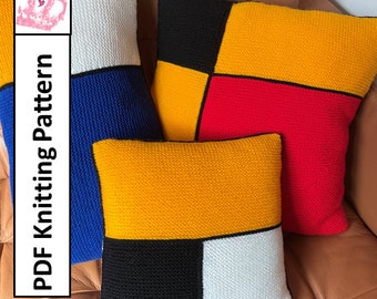 Mondrian inspired pillow cover knitting pattern, PDF Knitting Pattern - colourful, geometric pillow in 3 sizes