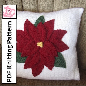 PDF KNITTING PATTERN, Christmas pillow knitting pattern, 16"x16", Poinsettia pillow cover pattern