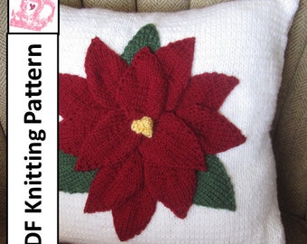 PDF KNITTING PATTERN, Christmas pillow knitting pattern, 16"x16", Poinsettia pillow cover pattern