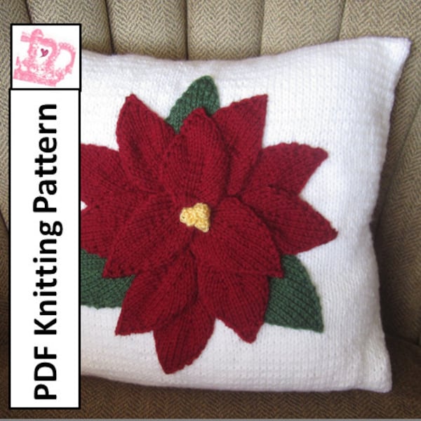 PDF KNITTING PATTERN, Christmas pillow knitting pattern, 16"x16", Poinsettia pillow cover pattern