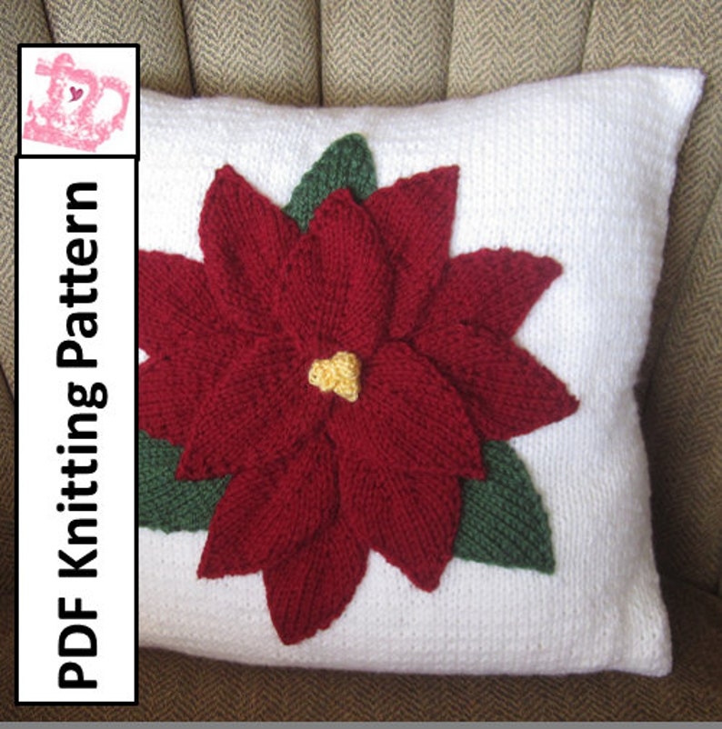 PDF KNITTING PATTERN, Christmas pillow knitting pattern, 16x16, Poinsettia pillow cover pattern image 1