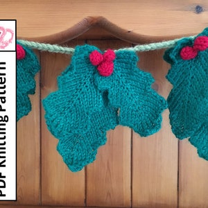 Holly bunting, holly garland, Christmas decoration, holiday decoration - PDF KNITTING PATTERN