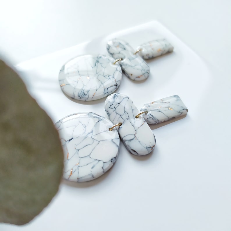 Marble White Earrings polymer clay and epoxy resin