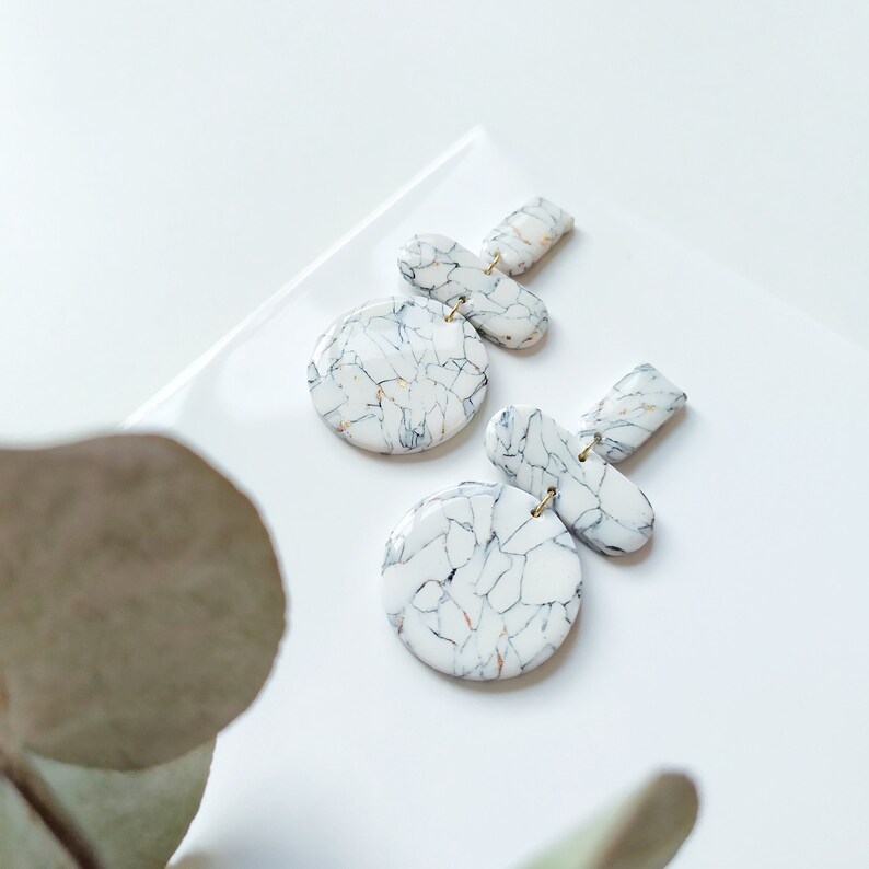 Marble White Earrings polymer clay and epoxy resin
