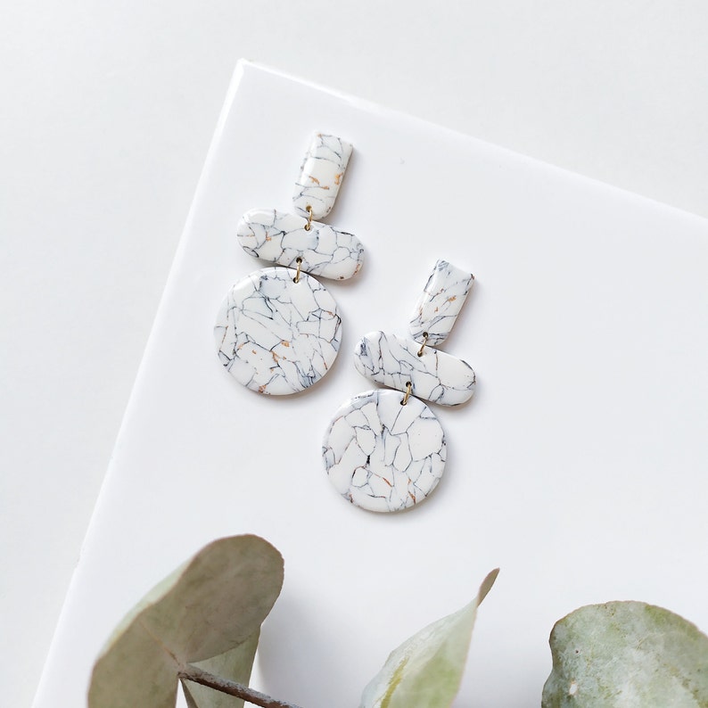Marble White Earrings polymer clay and epoxy resin