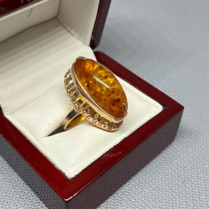 Vintage Original  Rose Gold Amber Ring 583 14KT , Rare  Rose Gold Amber Ring 583 14KT, Solid Gold Ring with Amber 583