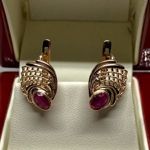 Vintage Original  Rose Gold Earrings with ruby (corundum) 14K  , Rose Gold ruby Earrings, Solid Gold Earrings 585 14K