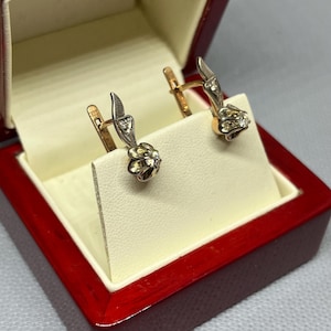 Vintage Diamond Earrings,Vintage Original  583, 14 KT Diamond Gold Earrings ,  Diamond Earrings, Rose Gold & White Gold 583, 14KT