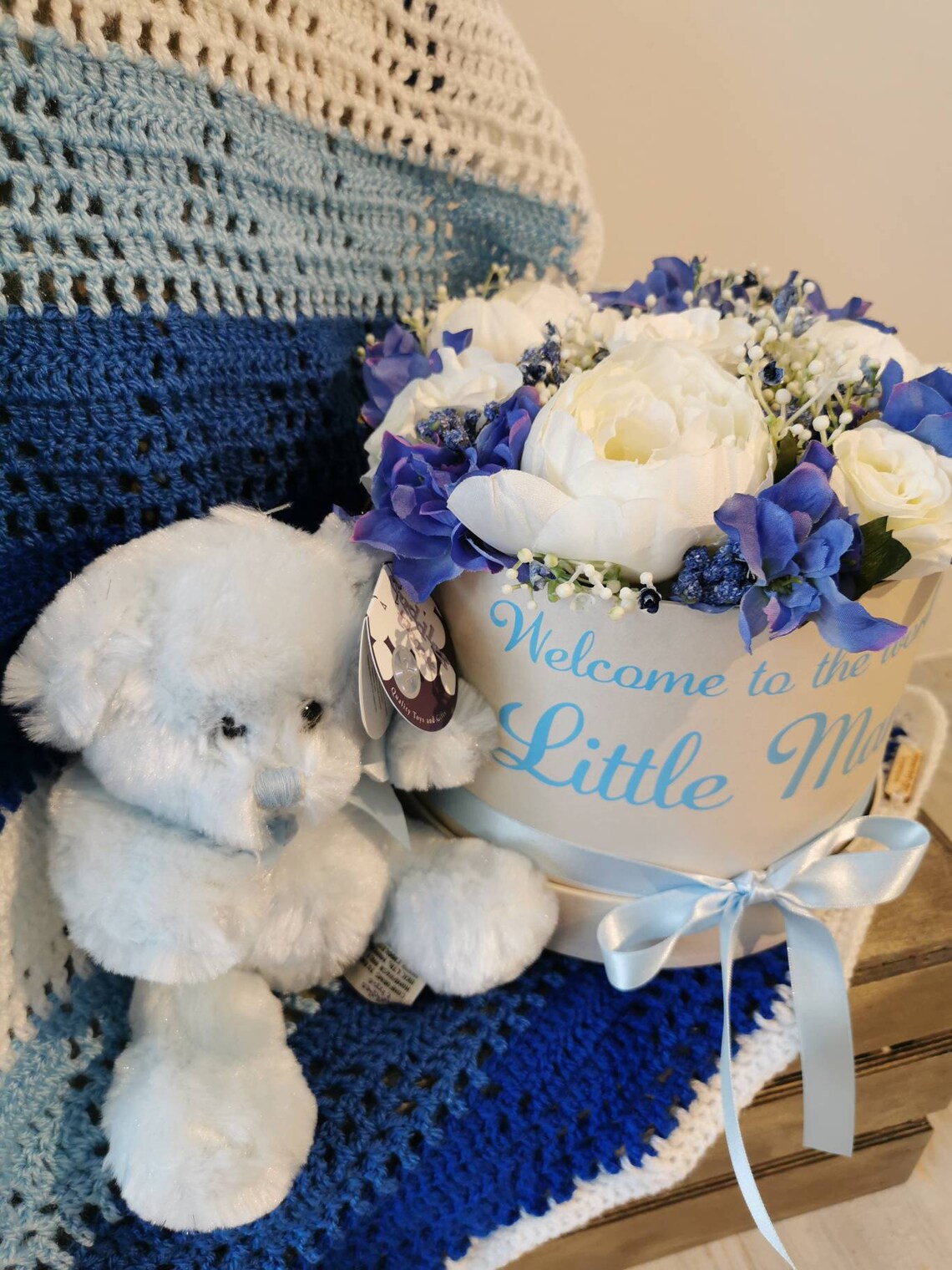 Newborn baby boy artificial flower arrangement in hat box with Etsy