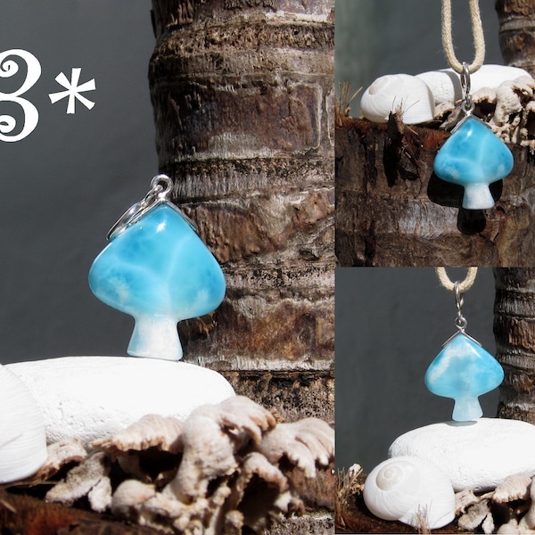 Kawaii mushroom pendant by LarimarPrincess, Magic Mushroom - blue white larimar mushroom/turtleback larimar pendant 925 silver/teen gift