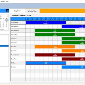 May include: A screenshot of a scheduling software program showing a daily view of employee schedules for Saturday, August 3, 2019. The schedule shows the names of employees and their assigned roles, such as Manager, Waiter, Cashier, and Hostess. The schedule is color-coded to indicate different roles.