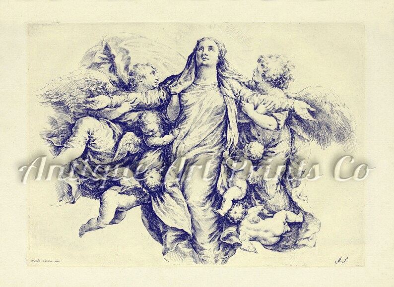 Religious Wall Art Old Engraving Antique Lithograph St Maria Vintage Wall Hanging Antique Wall Art Religious Giclee Vintage drawing