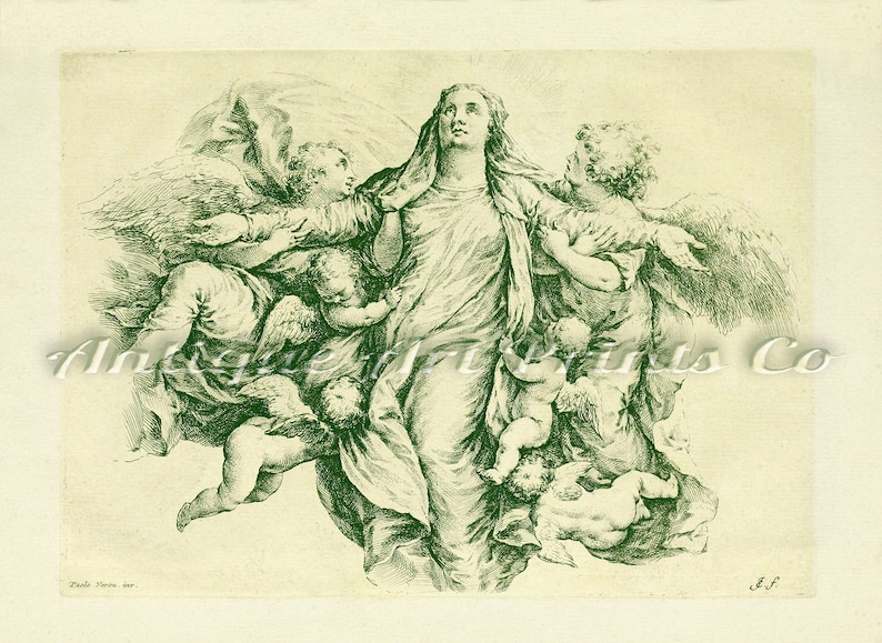 Religious Wall Art Old Engraving Antique Lithograph St Maria Vintage Wall Hanging Antique Wall Art Religious Giclee Vintage drawing