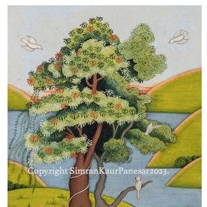 May include: A watercolor painting of a lush green tree with red flowers, a blue river, and white birds flying in a blue sky. The tree has a brown trunk and branches. The river is surrounded by green hills. The painting is signed "Copyright SimranKaurPanesar2023."