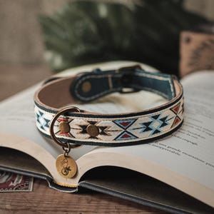 Può includere: Un collare per cani in pelle blu e bianco con un design geometrico con dettagli in rosso, blu e bianco. Il collare ha un'etichetta in ottone con un piccolo cane stilizzato.