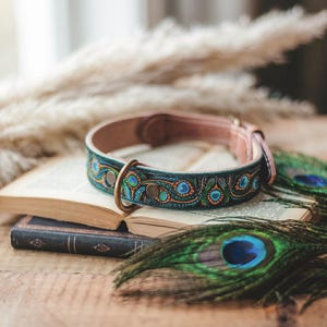 Hondenhalsband van leer met pauwenveren. Leren hondenhalsband. Geborduurde hondenhalsband. Vintage hondenhalsband. Leren halsband met veren. Blauwe hondenhalsband