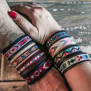 Cuff bracelets navajo style. Couple matching set. Southwest bracelet. Leather cuff wrap. Matching pet owner.Embroidery bracelet.