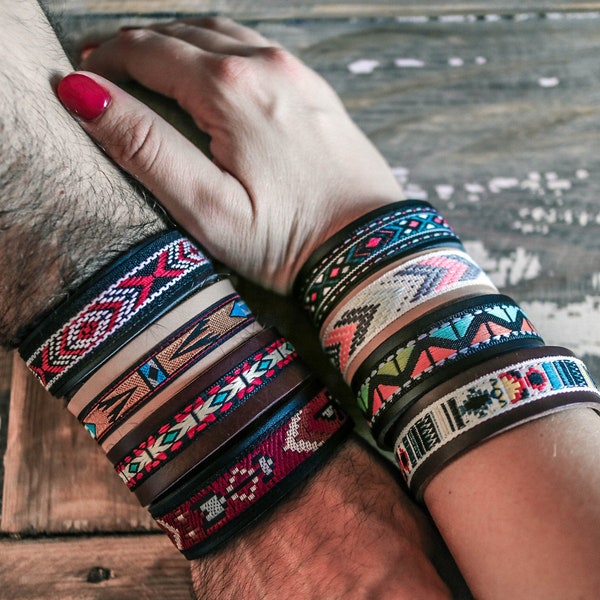 Cuff bracelets navajo style. Couple matching set. Southwest bracelet. Leather cuff wrap. Matching pet owner.Embroidery bracelet.