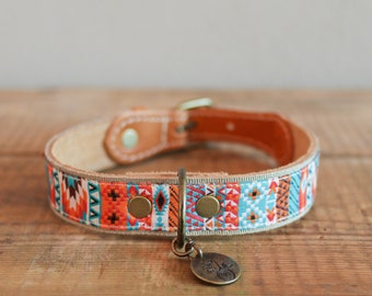 Dog Collar Turquoise Orange Navajo Style.Leather dog collar.Southwestern dog collar.Embroidery dog collar.Dog collar.Saddle stitch collar.