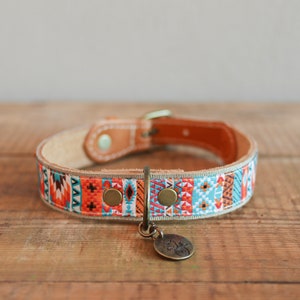 Dog Collar Turquoise Orange Navajo Style.Leather dog collar. Southwestern dog collar. Embroidery dog collar. Dog collar. Saddle stitch collar.