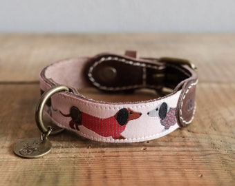 Collar de cuero para perro salchicha. Collar de cuero para perro. Collar bordado para perro. Collar para perro salchicha. Collar de cuero alegre. Collar para perro salchicha.