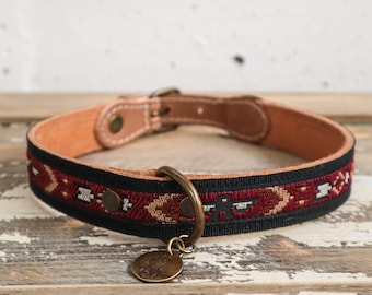 Navajo Style Thunderbird Collar. Embroidered Leather Collar. Burgundy Black Collar. Southwestern Collar. Aztec Dog Collar. Arrow Dog Collar.