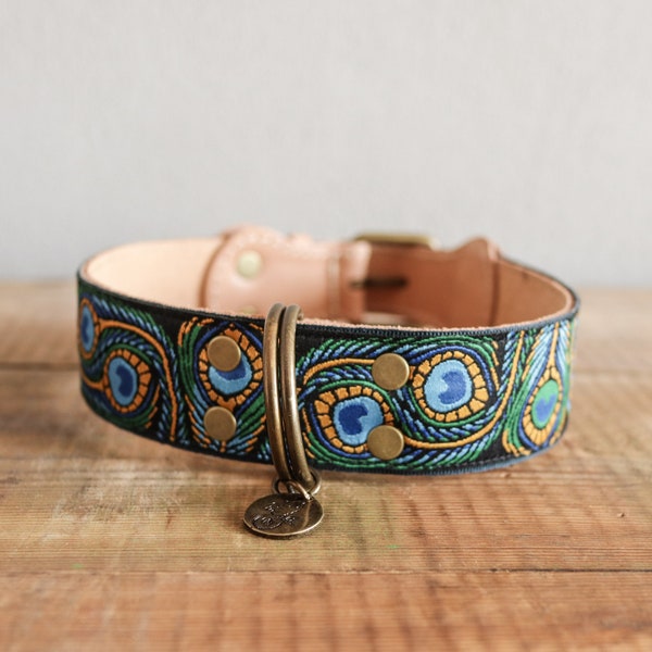 Leather dog collar Peacock. Embroidery dog collar. High dog collar. Sturdy dog collar. Feathers dog collar. Blue collar. Saddle stitch collar