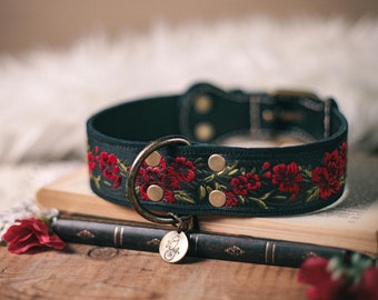 Rose Leather dog collar. Embroidery dog collar. High dog collar. Sturdy dog collar. Gothic dog collar. Gothic Romantic dog collar