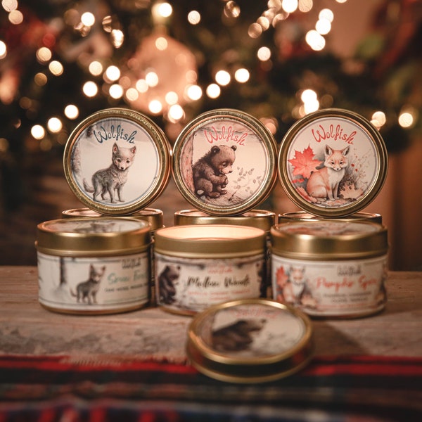 Soy Candle Tin. Woodland animals candle. Vintage style candle. Collectible candle. Gift idea candle. Soy candle with lid. Sweet soy candle