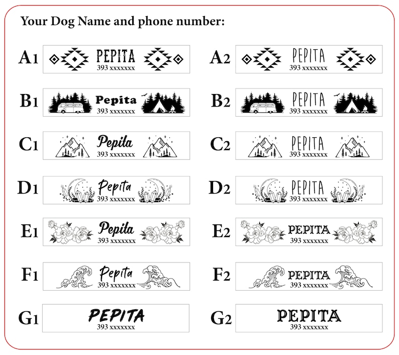 Puede incluir: Un conjunto de 12 dise&ntilde;os de chapas para perros con diferentes patrones y gr&aacute;ficos. Cada chapa presenta el nombre "Pepita" y un n&uacute;mero de tel&eacute;fono. Los dise&ntilde;os incluyen un patr&oacute;n geom&eacute;trico, una furgoneta de camping y una tienda de campa&ntilde;a, monta&ntilde;as, una luna y cristales, flores, olas y un dise&ntilde;o de texto simple.