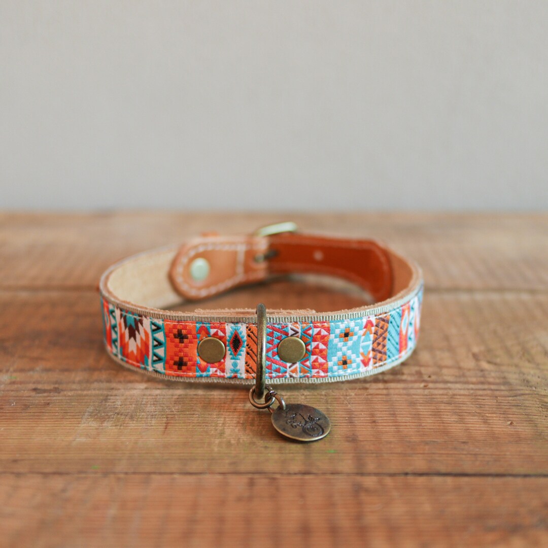 Dog Collar Turquoise Orange Navajo Style.leather Dog Collar