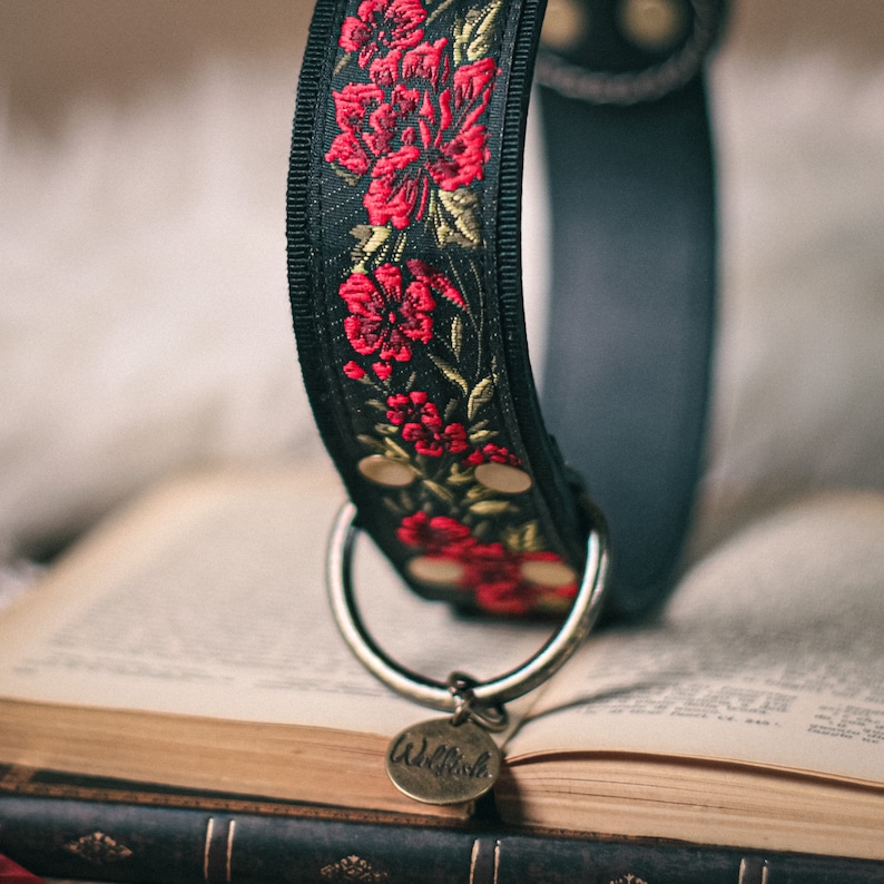K&ouml;nnte beinhalten: Ein schwarzes Lederhundekragen mit einem roten und goldenen floralen Stickmuster. Das Halsband hat einen silbernen D-Ring und ein silbernes Schild mit der Aufschrift "Walk This Way".