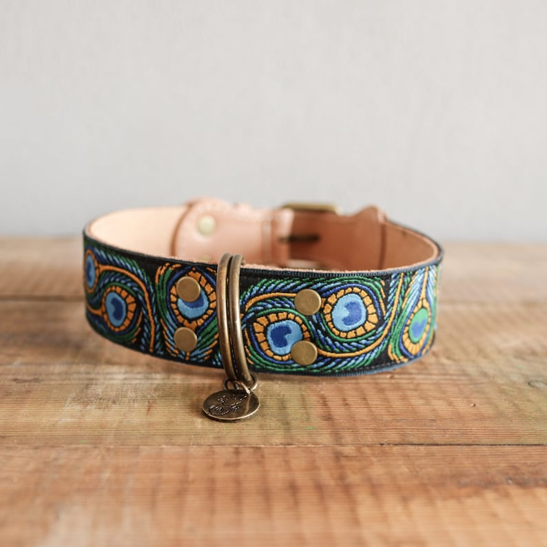 Leather dog collar Peacock. Embroidery dog collar. High dog collar. Sturdy dog collar. Feathers dog collar. Blue collar.Saddle stitch collar