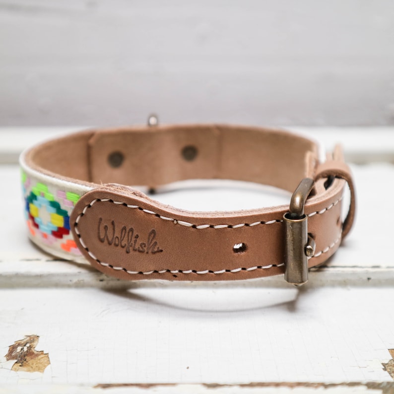 May include: A tan leather dog collar with white stitching and a colorful woven pattern. The collar has a brass buckle and the word "Wolfish" is embossed on the leather.