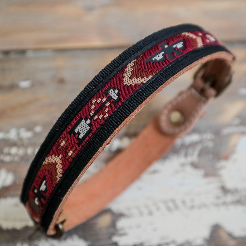 May include: A black leather dog collar with a red, white, and brown woven pattern.