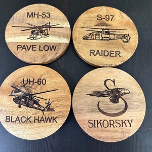 Premium Made Sikorsky UH-60 MH-53 S-97 Wood Coasters, Set of 4 ea.