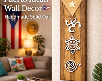 Placa de pared con petroglifos taínos / Arte puertorriqueño hecho a mano en roble macizo, decoración caribeña