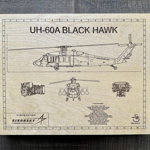 Sikorsky UH-60A Print Laser Engraved on Wood Canvas 11x14