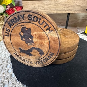 Lasered Wood Coasters: US Army South Panama Veteran Gift, Set of 4