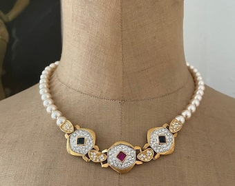 Vintage Faux Pearl Collar Necklace: Rhinestone Hexagon Links, 1990s Statement Jewelry