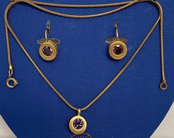 Vintage Zirconium Gold Plated Amethyst Necklace and Earrings Set - 90s NOS