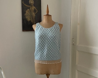 60s Pullover mit Quasten: Vintage Entenei Blauer Pullover mit Quaste