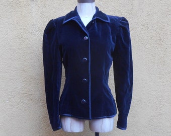 Vintage 80s Black Velvet Santa Eulalia Puff Sleeved Nip Waist Jacket with Satin Trim Size Medium