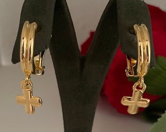 Vintage NOS David Grau Gold Plated Dangle Cross Half Hoop Clip On Earrings 90s, Iconic 90s Minimalist Clips, Religious Gift for Her