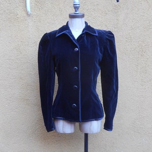 Vintage 80s Black Velvet Santa Eulalia Puff Sleeved Nip Waist Jacket with Satin Trim Size Medium