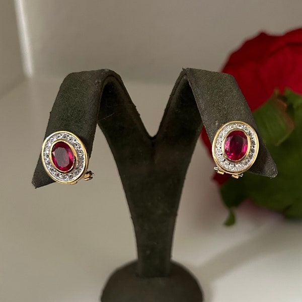 Vintage Oval Ruby Red Glass Jewel Gold Plated Earrings for Pierced Ears