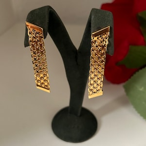 Vintage Gold Plated Brick Chain Dangle Earrings - Made in Spain
