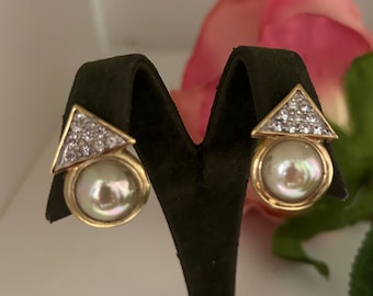 Vintage NOS Gold Plated Faux Pearl Earrings, Bridal Earrings, Pearl & Crystal Triangle Earrings, Pearl Cabochon Earrings, Gift for Her