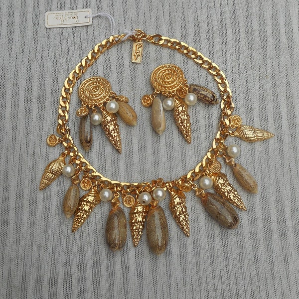 vintage David Grau designer catalan élégant plaqué or coquillage de mer fausses perles feston collier plastron et boucles d'oreilles ensemble demi-parure